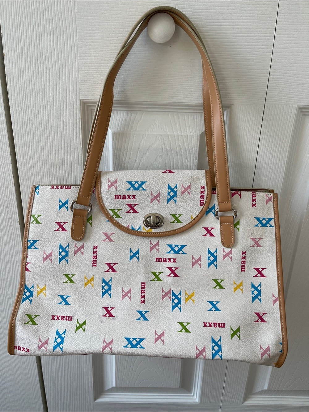Maxx New York White Multicolor Logo Print Tote with Tan Handles
